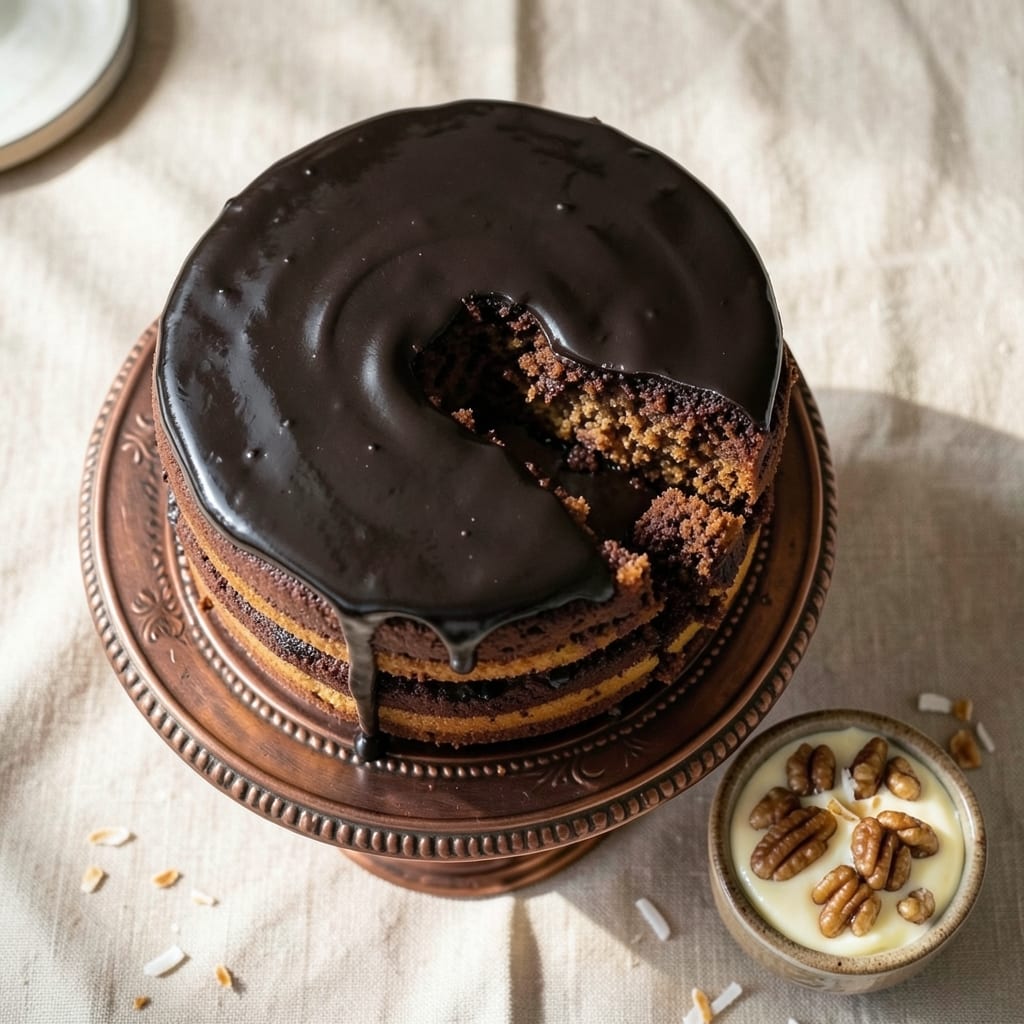 Baker's Unsweetened Chocolate German Chocolate Cake Recipe: Deep Chocolate Fudge Layers with Pecan Streusel Crown