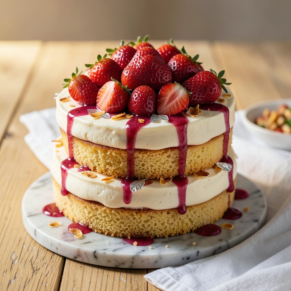 Ambrosia Fresh Strawberry Cake Recipe: Layers of Creamy Cheesecake and Juicy Berries